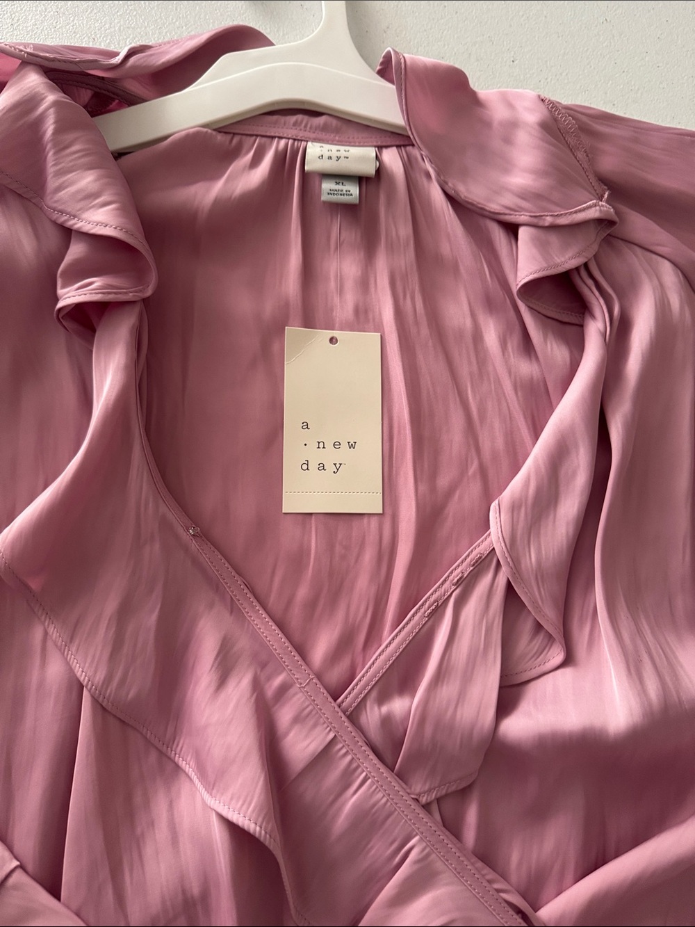 a new day Rose Pink Ruffle Satin Blouse - Picture 2 of 7